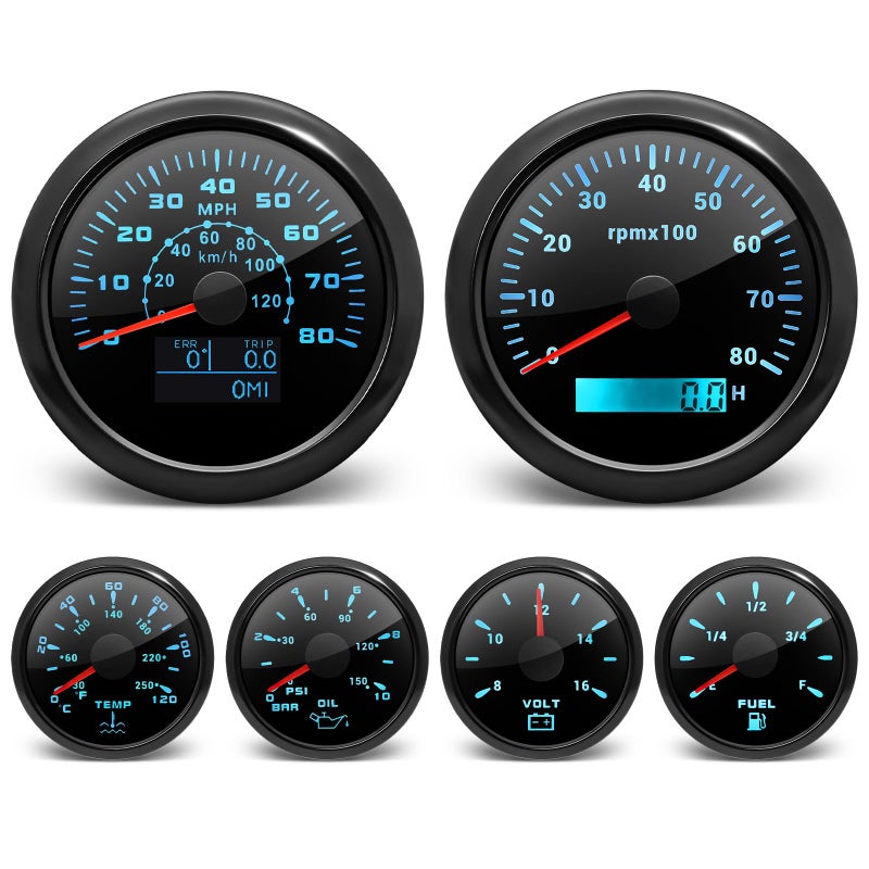 ARTILAURA 6 Gauge SetGPS Speedometer Tachometer Oil Pressure Fuel Level Water Temperature Voltmeter 7 Color Boat Gauges Kit Marine AUTO All Black - Image 2