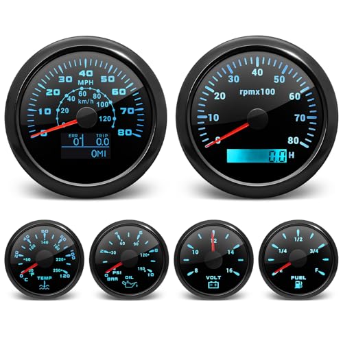 ARTILAURA 6 Gauge SetGPS Speedometer Tachometer Oil Pressure Fuel Level Water Temperature Voltmeter 7 Color Boat Gauges Kit Marine AUTO All Black - Image 1