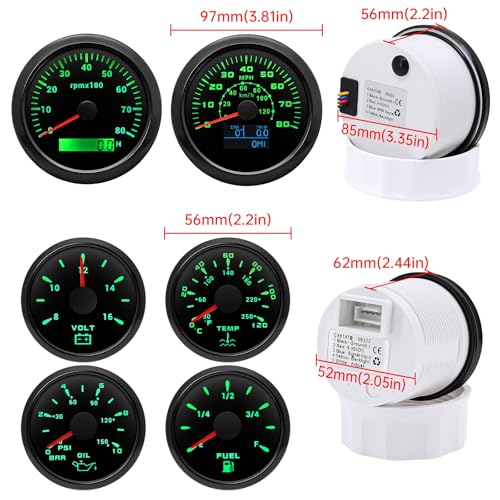 ARTILAURA 6 Gauge SetGPS Speedometer Tachometer Oil Pressure Fuel Level Water Temperature Voltmeter 7 Color Boat Gauges Kit Marine AUTO All Black - Image 3