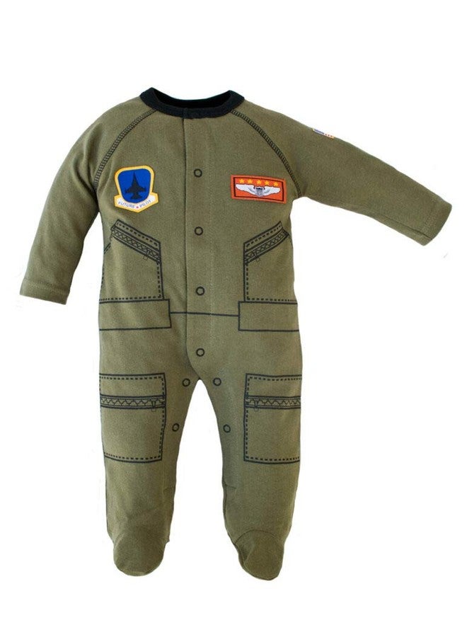 Baby Boys Aviator Flight Suit "Future Pilot" Sleeper 0-12 Mo Olive W Black Trim (0-3 mo)