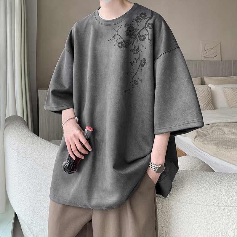Japanese Style Short-Sleeved T-Shirt Men'S 2025 Round Neck Printed Top Instagram Popular Brand Loose Half-Sleeved T-Shirt