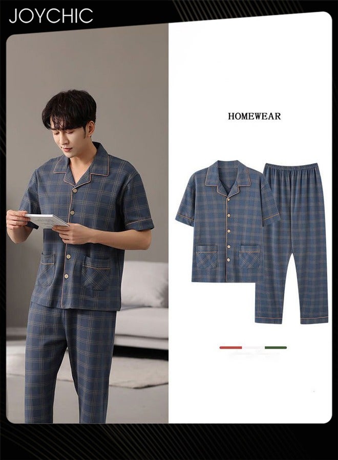 Joychic 2-piece Leisure  Men Pajamas Set Pure Cotton Skin-friendly Lattice Short-sleeved Trousers Loose Youth Home Sleepwear Breathable Cardigan Suit Dark Blue for Spring Summer Autumn - Image 1