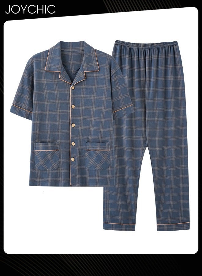 Joychic 2-piece Leisure  Men Pajamas Set Pure Cotton Skin-friendly Lattice Short-sleeved Trousers Loose Youth Home Sleepwear Breathable Cardigan Suit Dark Blue for Spring Summer Autumn - Image 2