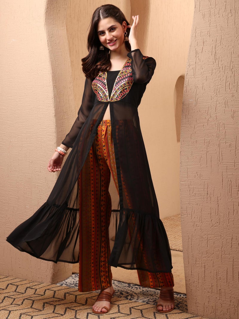 EthnicJunction Women's Georgette Embroidered High Front Slit A-Line Co-ords Set | Kurta Palazzo Set | Fusion Wear Kurta Set - Image 4