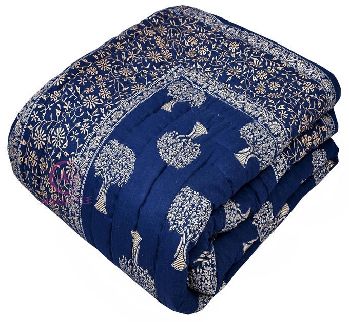 400 TC LIGHT WEIGHT PURE COTTON JAIPURI TRADITIONAL FLORAL DESIGN WITH GOLD PRINT DOUBLE BED JAIPURI QUILTRAZAIRAJAI BLUE 2 DOUBLE BED 90 X 105 INCH BREATHABLE TC 400