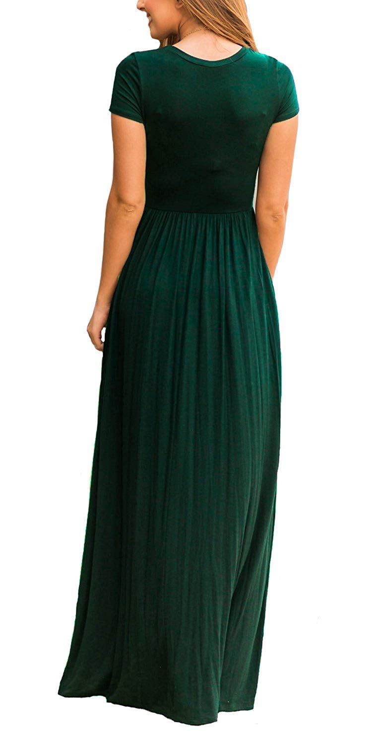 DEARCASE Maxi Dress for Women Dark Green Large Crewneck Short Sleeves Wedding Guest A-line Casual Loose Party Vintage Spring Summer Beach Long Dresses with Pockets - Image 2