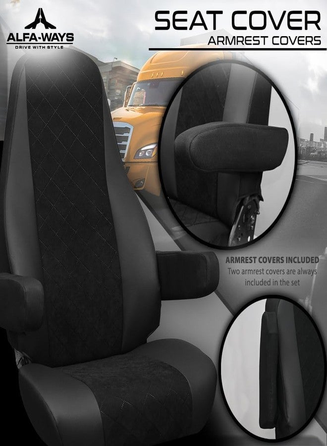 غطاء مقعد شاحنة ALFA-WAYS - غطاء مقعد لشاحنة Freightliner Cascadia موديل الجيل الثالث، والجيل الثاني Evolution (2014 - الحالي) - غطاء مقعد وأغطية مساند الذراعين - غطاء مقعد شاحنة أسود - Image 3