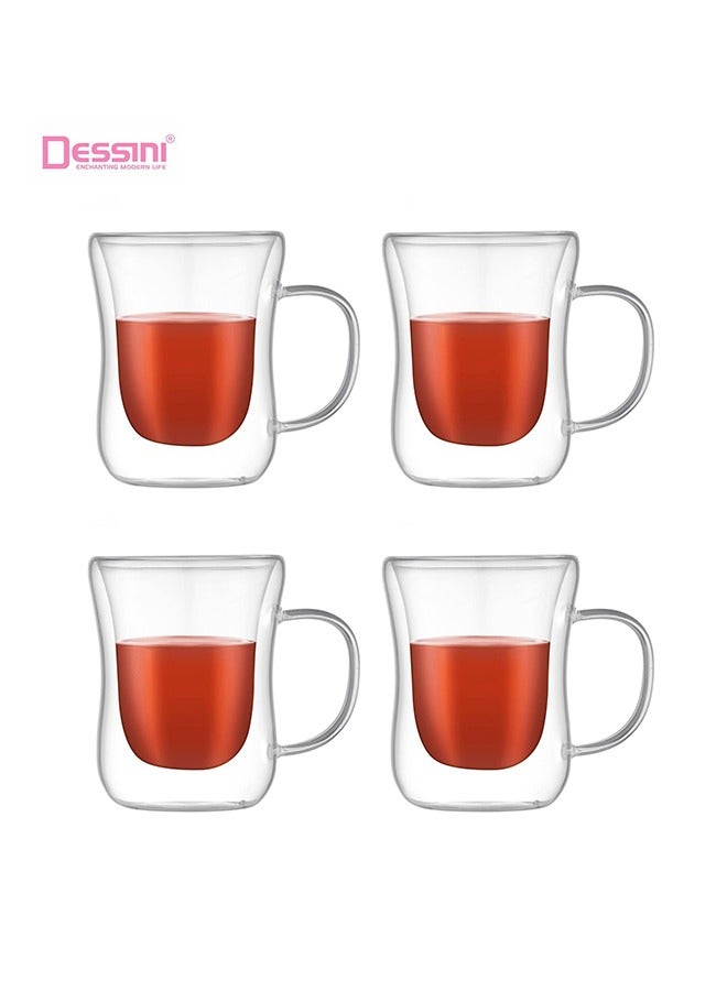 DESSINI Dessini 4 pieces Double Wall Insulated Glass Mugs with Handle for Drinkware Coffee Tea Heat Resistant 250ml KD570 