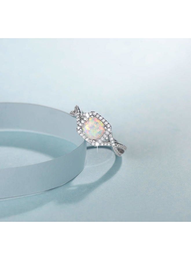 Fancime October Birthstone Created Opal Rings Sterling Silver 4-Prong Halo White Fire Opal Cubic Zirconia Infinity Engagement Wedding Ring Fine Jewelry for Women Girls Size 5,6,7,8 - Image 5