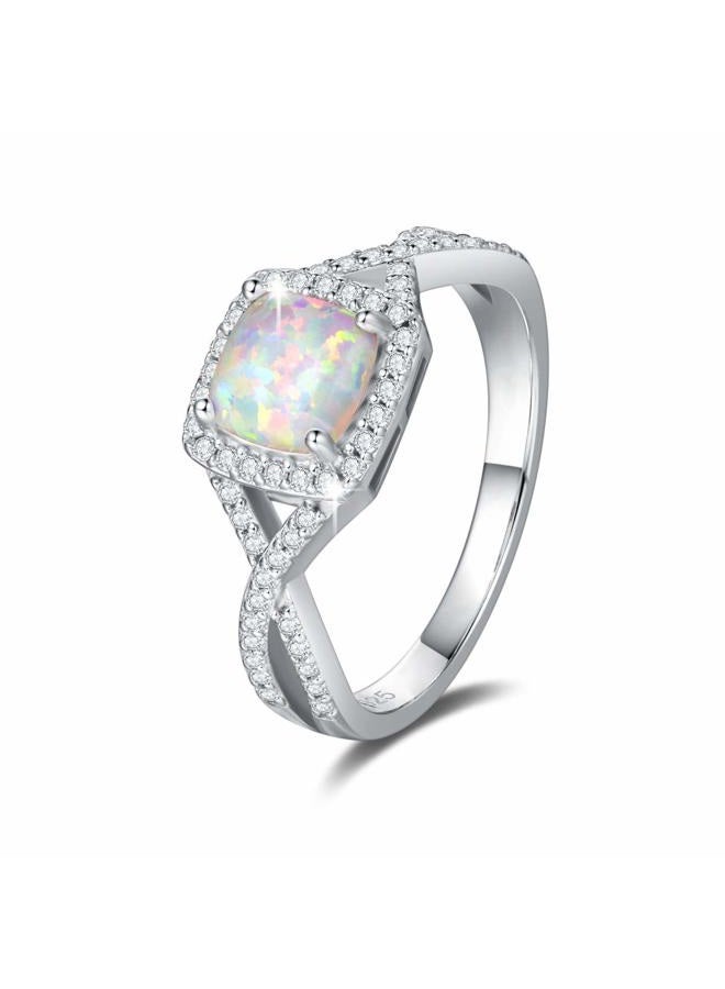 Fancime October Birthstone Created Opal Rings Sterling Silver 4-Prong Halo White Fire Opal Cubic Zirconia Infinity Engagement Wedding Ring Fine Jewelry for Women Girls Size 5,6,7,8 - Image 1