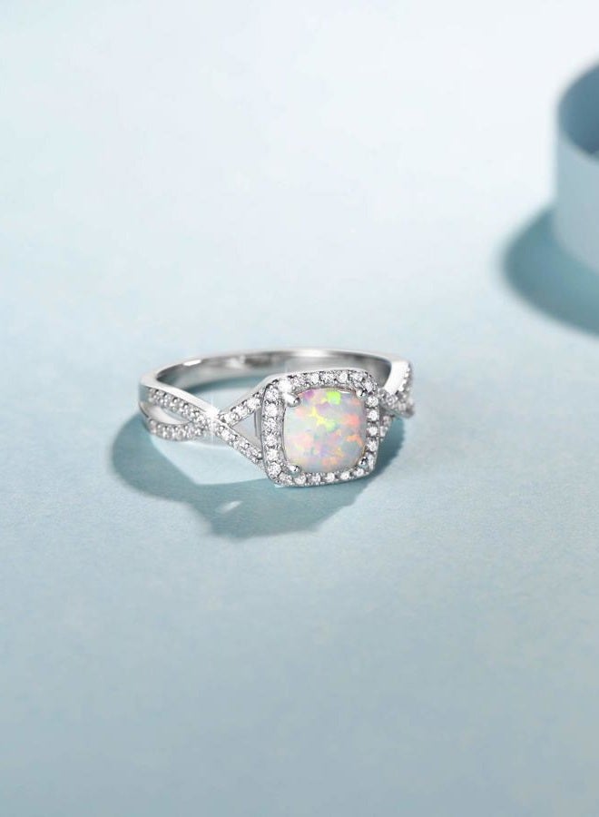 Fancime October Birthstone Created Opal Rings Sterling Silver 4-Prong Halo White Fire Opal Cubic Zirconia Infinity Engagement Wedding Ring Fine Jewelry for Women Girls Size 5,6,7,8 - Image 2
