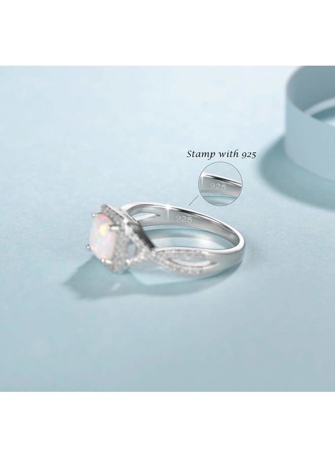 Fancime October Birthstone Created Opal Rings Sterling Silver 4-Prong Halo White Fire Opal Cubic Zirconia Infinity Engagement Wedding Ring Fine Jewelry for Women Girls Size 5,6,7,8 - Image 4