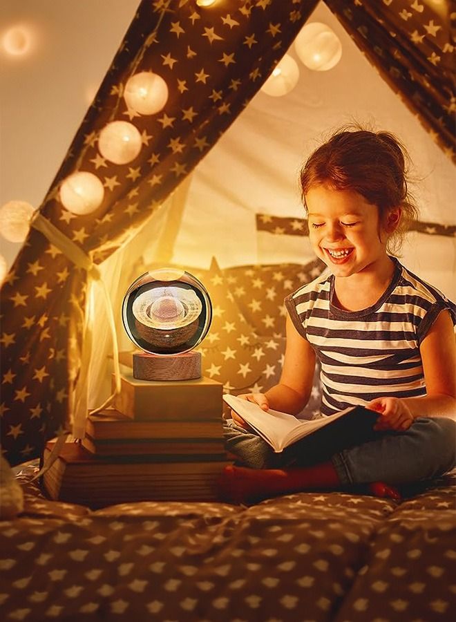 هومستر 1 قطعة زحل مضيئة ليلة ضوء دافئ الحلي 3D الليزر محفورة كريستال مصباح كروي مع قاعدة خشبية للمنزل والمكتب - Image 2