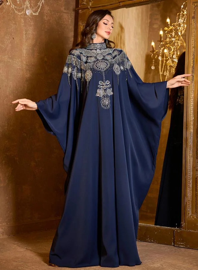Unithorse  Navy Blue Batwing Sleeve Embellished Kaftan for Women | Best Price UAE