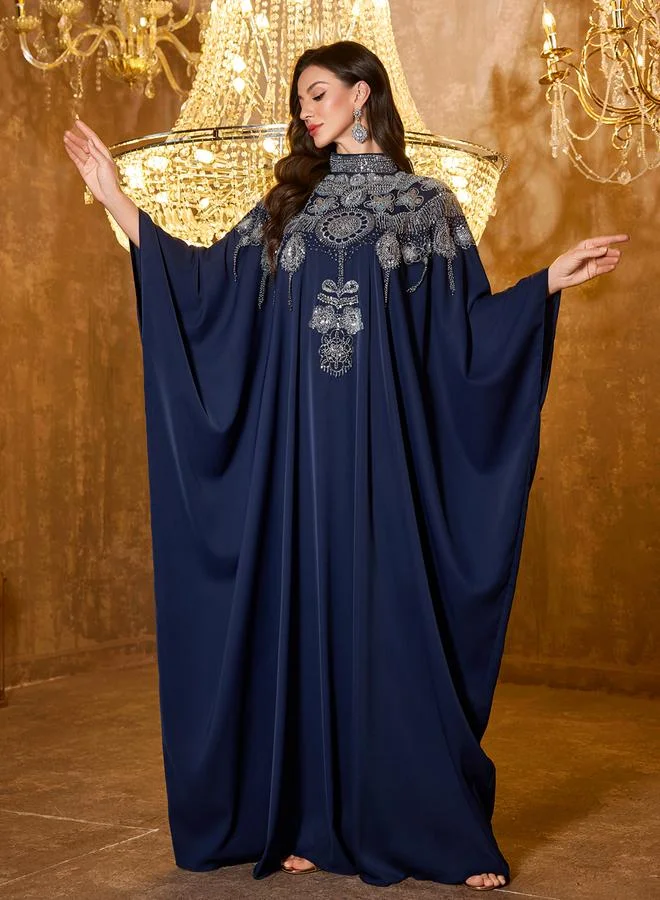 Unithorse  Navy Blue Batwing Sleeve Embellished Kaftan for Women | Best Price UAE