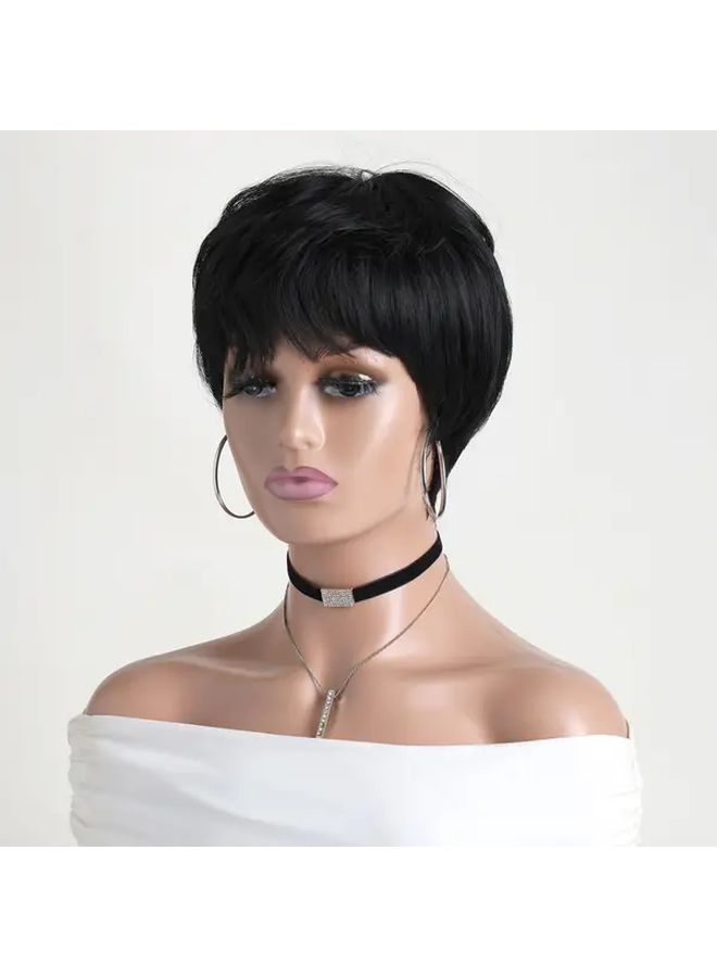 Black 10 Inch Short Straight Wig With Bangs Heat Resistant Synthetic Hair For Daily Wear Parties Weddings - Image 3