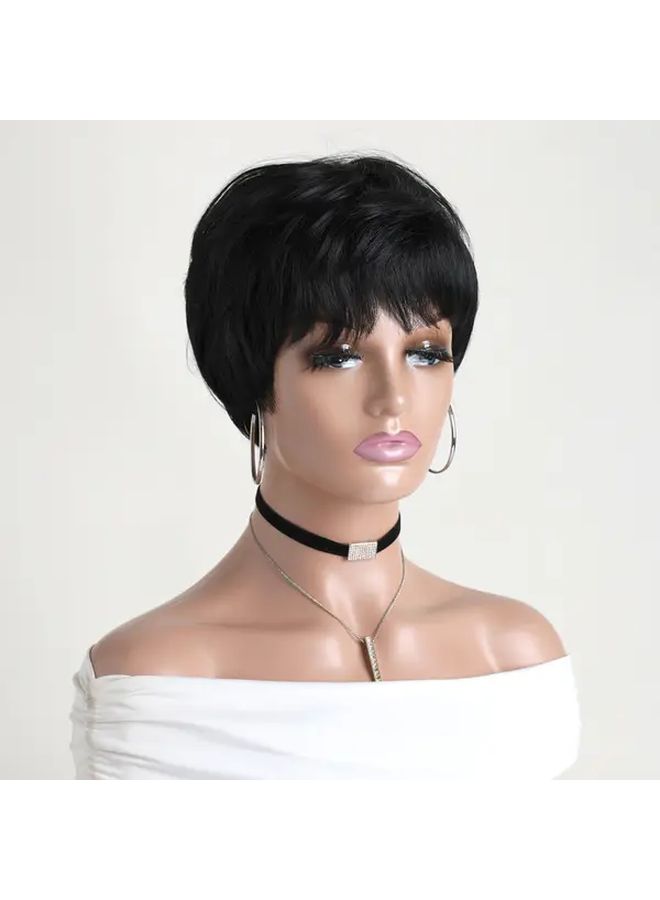 Black 10 Inch Short Straight Wig With Bangs Heat Resistant Synthetic Hair For Daily Wear Parties Weddings - Image 4