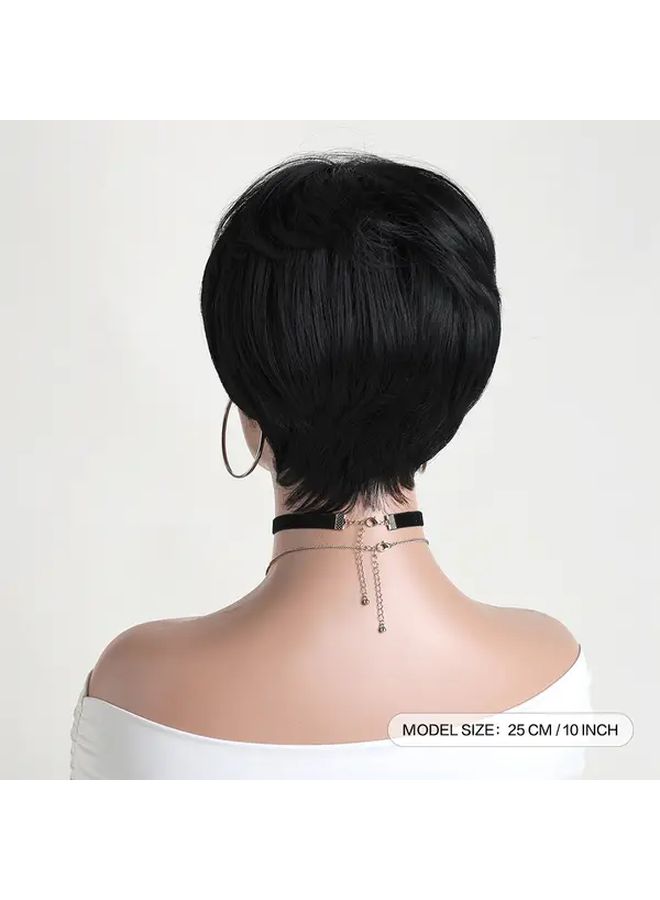 Black 10 Inch Short Straight Wig With Bangs Heat Resistant Synthetic Hair For Daily Wear Parties Weddings - Image 5
