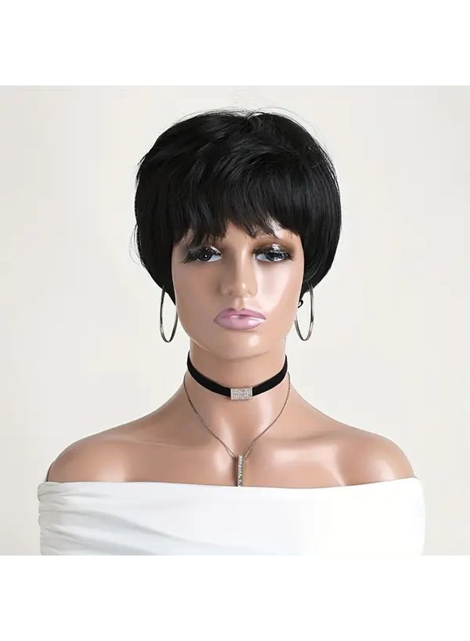 Black 10 Inch Short Straight Wig With Bangs Heat Resistant Synthetic Hair For Daily Wear Parties Weddings - Image 2