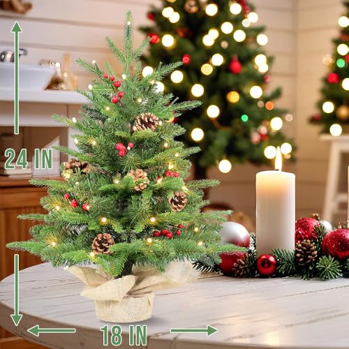 Kadunmina 2ft Pre-lit Table Top Christmas Tree, Small Artificial Xmas Tree with 50 LED Lights/177 PE&PVC Tips/Berries&Pinecones, 24 Inch Mini Tree with Burlap Base for Holiday Indoor Decor, 8 Modes - Image 4