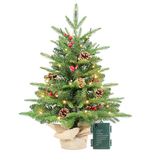 Kadunmina 2ft Pre-lit Table Top Christmas Tree, Small Artificial Xmas Tree with 50 LED Lights/177 PE&PVC Tips/Berries&Pinecones, 24 Inch Mini Tree with Burlap Base for Holiday Indoor Decor, 8 Modes - Image 1
