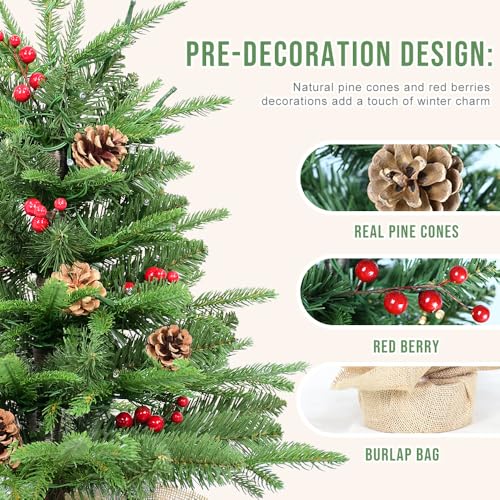 Kadunmina 2ft Pre-lit Table Top Christmas Tree, Small Artificial Xmas Tree with 50 LED Lights/177 PE&PVC Tips/Berries&Pinecones, 24 Inch Mini Tree with Burlap Base for Holiday Indoor Decor, 8 Modes - Image 3