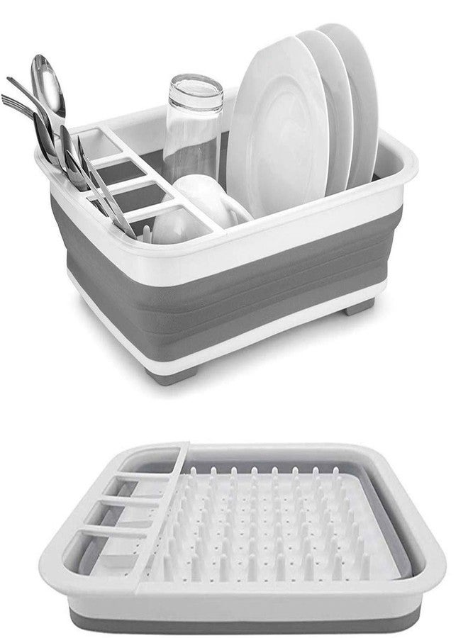 UNITRA Folding Dish Drainer and Drying Rack with Spoon Storage Holder Organizer, Heavy Duty Plastic & Silicone for Easy Cleaning- Gray&White - Image 1