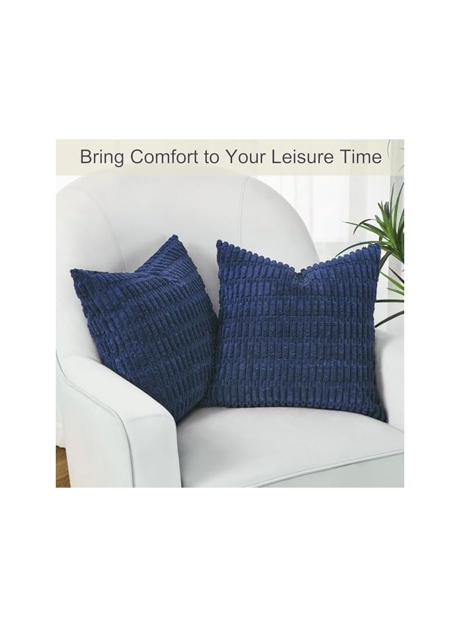 The Bros 2 pack Decorative Throw Pillow Covers,for Living Room Couch Bed Sofa, Soft Striped Corduroy Square Cushion Case 45x45 cm, Rustic Farmhouse Boho Home Decor (deep blue, 45 * 45cm/18 * 18inch) - Image 2