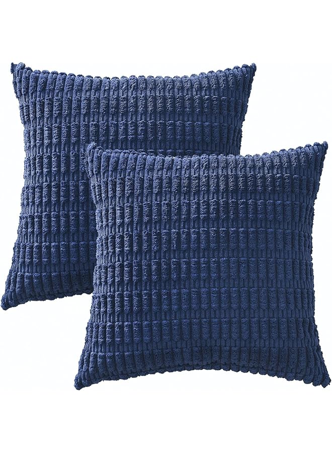The Bros 2 pack Decorative Throw Pillow Covers,for Living Room Couch Bed Sofa, Soft Striped Corduroy Square Cushion Case 45x45 cm, Rustic Farmhouse Boho Home Decor (deep blue, 45 * 45cm/18 * 18inch) - Image 1