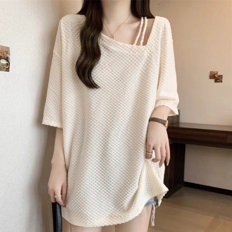 Design Sense Collarbone Short-Sleeved T-Shirt Women'S Summer Plus Size Chubby Sister Slimming Base Shirt Mid-Length Bottom-Covering Top - Image 4