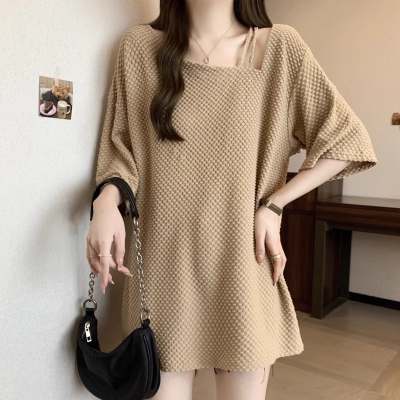Design Sense Collarbone Short-Sleeved T-Shirt Women'S Summer Plus Size Chubby Sister Slimming Base Shirt Mid-Length Bottom-Covering Top - Image 1