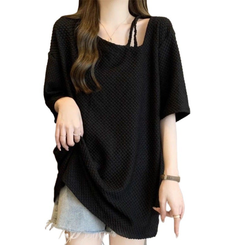 Design Sense Collarbone Short-Sleeved T-Shirt Women'S Summer Plus Size Chubby Sister Slimming Base Shirt Mid-Length Bottom-Covering Top - Image 5