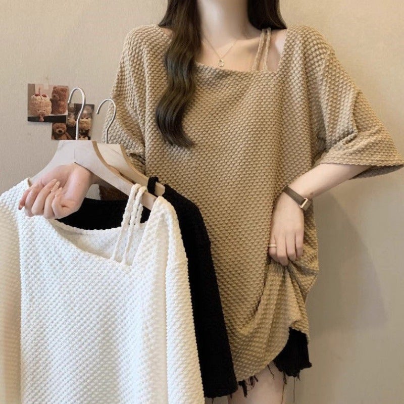 Design Sense Collarbone Short-Sleeved T-Shirt Women'S Summer Plus Size Chubby Sister Slimming Base Shirt Mid-Length Bottom-Covering Top - Image 2