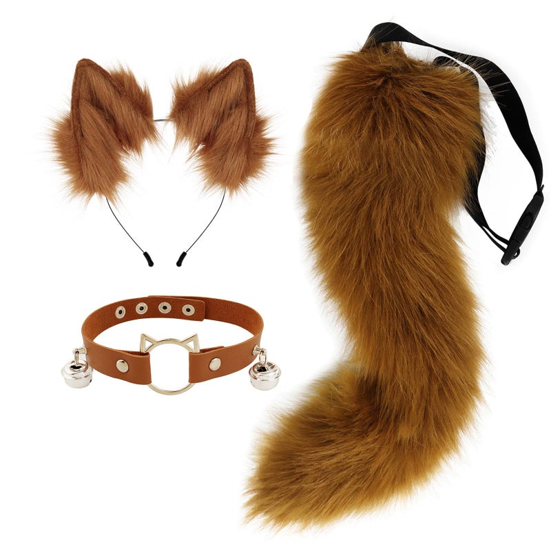 hbbhml Furry Animal Cat Fox Tail Faux Fur Wolf Ears Headband Leather Necklace Costume Set for Party Halloween Cosplay - Image 1