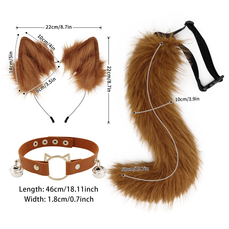 hbbhml Furry Animal Cat Fox Tail Faux Fur Wolf Ears Headband Leather Necklace Costume Set for Party Halloween Cosplay - Image 3