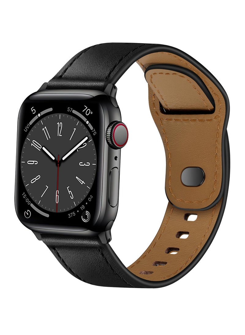 Stylish Genuine Leather Watch Band for Apple Watch Ultra and Series 9/8/7/6, 49mm/45mm/44mm/42mm, Black Replacement Strap - Image 1