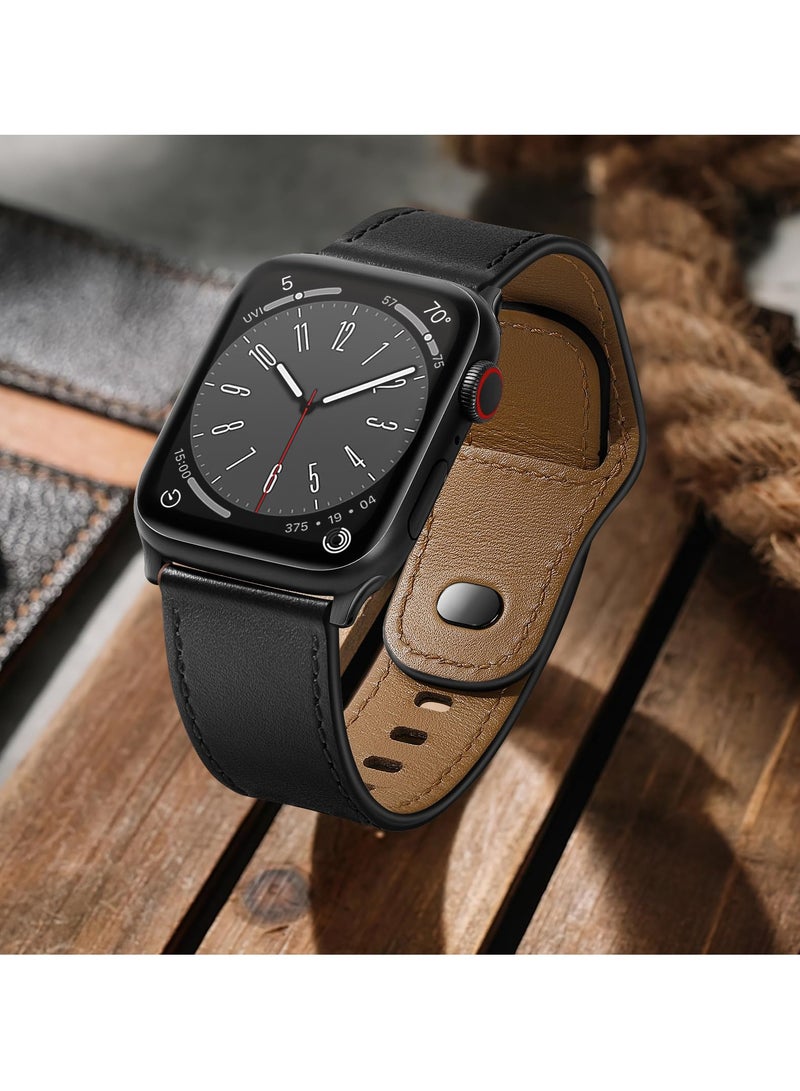 Stylish Genuine Leather Watch Band for Apple Watch Ultra and Series 9/8/7/6, 49mm/45mm/44mm/42mm, Black Replacement Strap - Image 5