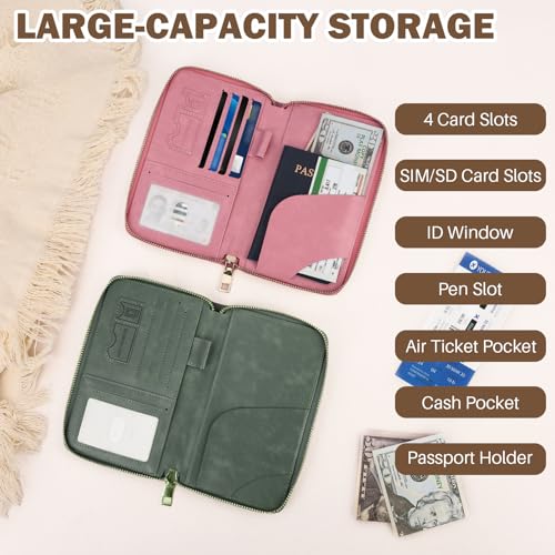 Playexen RFID Blocking Passport Wallet, Anti Theft PU Leather Passport Pouch with Tracker Case, Travel Document Organizer Zipper Wallet with Wrist Strap, Gifts for Women and Men (Pink) - Image 5