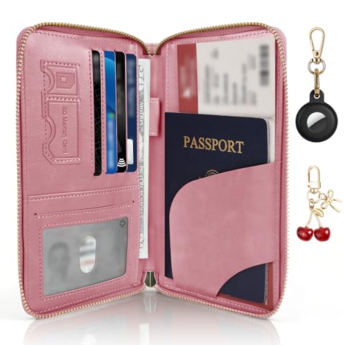 Playexen RFID Blocking Passport Wallet, Anti Theft PU Leather Passport Pouch with Tracker Case, Travel Document Organizer Zipper Wallet with Wrist Strap, Gifts for Women and Men (Pink) - Image 1