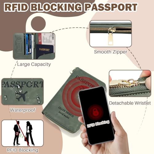 Playexen RFID Blocking Passport Wallet, Anti Theft PU Leather Passport Pouch with Tracker Case, Travel Document Organizer Zipper Wallet with Wrist Strap, Gifts for Women and Men (Pink) - Image 3