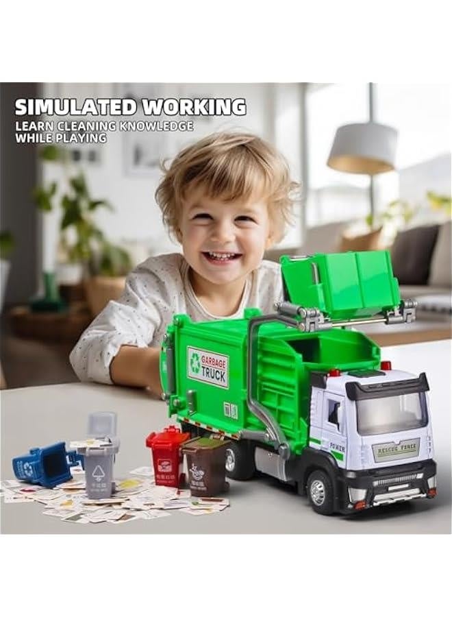 Garbage Truck Toys for Kids,Garbage Truck Metal Diecast Cab,Pull Back Garbage Truck Toy with Lights and Sounds,Recycling Truck Toy with Trash Cans and Bins,Garbage Trucks for Boys Age 4-7 - Image 2