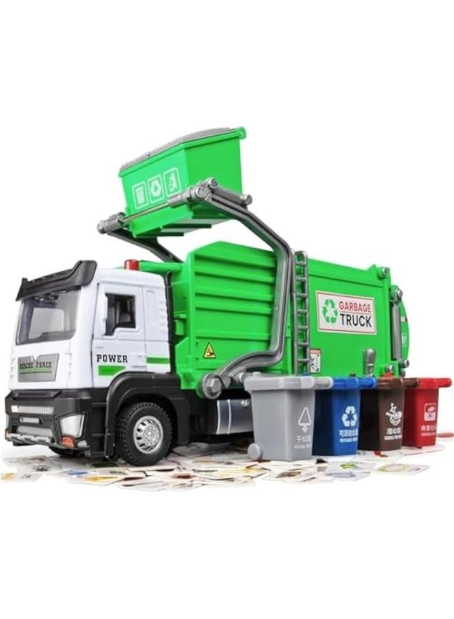 Garbage Truck Toys for Kids,Garbage Truck Metal Diecast Cab,Pull Back Garbage Truck Toy with Lights and Sounds,Recycling Truck Toy with Trash Cans and Bins,Garbage Trucks for Boys Age 4-7 - Image 1