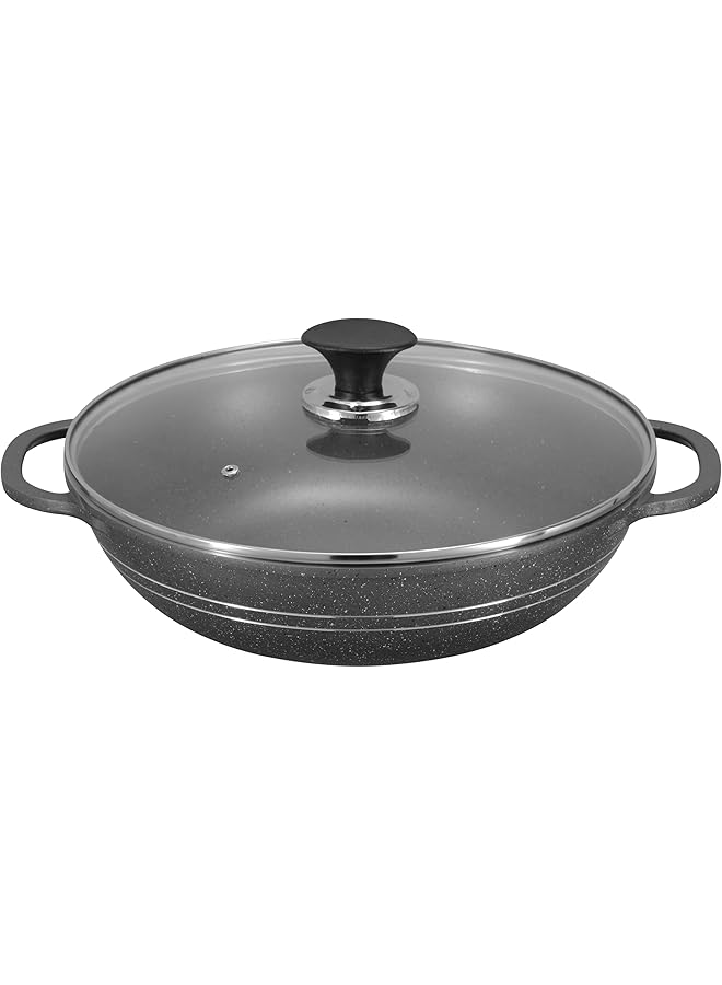 سونكس كراهي مع غطاء زجاجي، ألومنيوم مصبوب، 32 سم، رخام أسود، جميع أسطح الطهي - Image 1