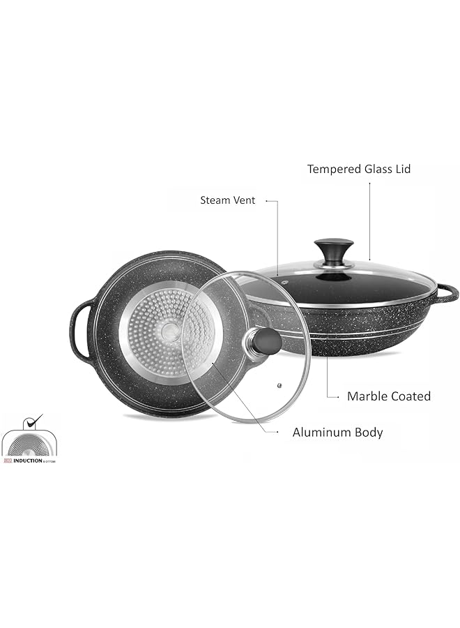 سونكس كراهي مع غطاء زجاجي، ألومنيوم مصبوب، 32 سم، رخام أسود، جميع أسطح الطهي - Image 3