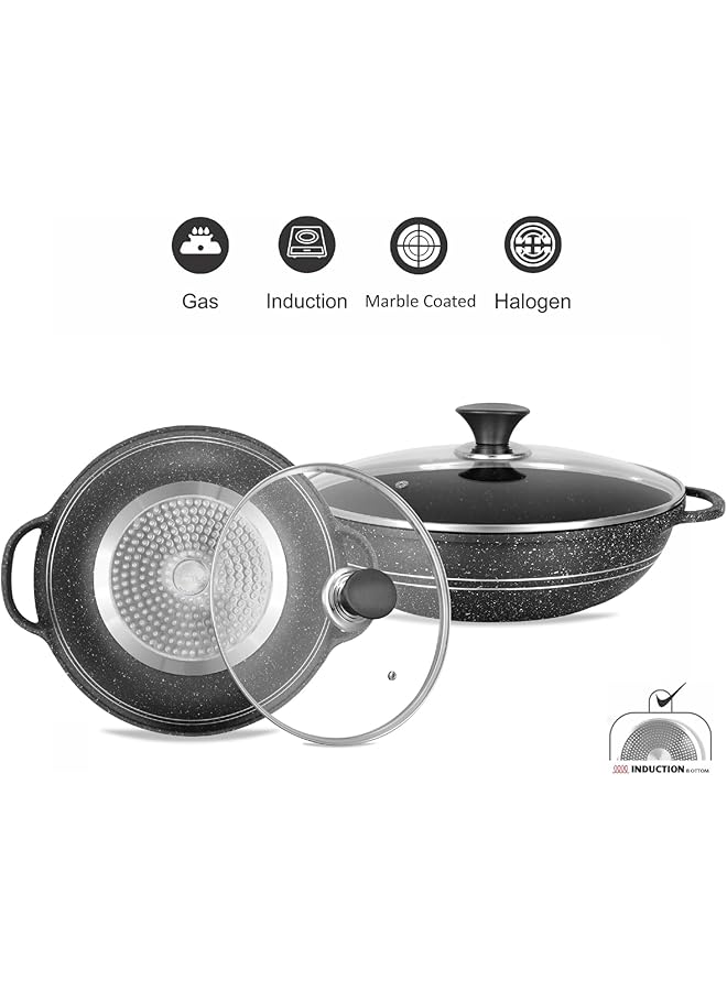 سونكس كراهي مع غطاء زجاجي، ألومنيوم مصبوب، 32 سم، رخام أسود، جميع أسطح الطهي - Image 2