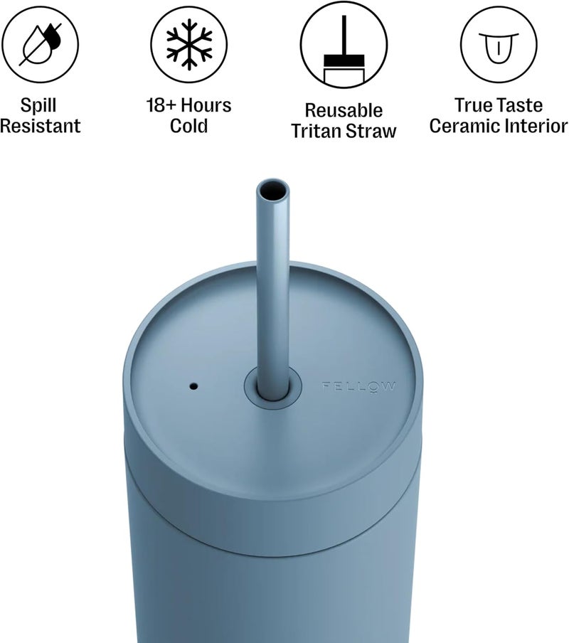 FELLOW 20 oz Carter Cold Travel Iced Coffee Mug - Stainless Steel Vacuum-Insulated Iced Coffee Tumbler with Spill Resistant lid and Straw - Hazy Blue - Image 1