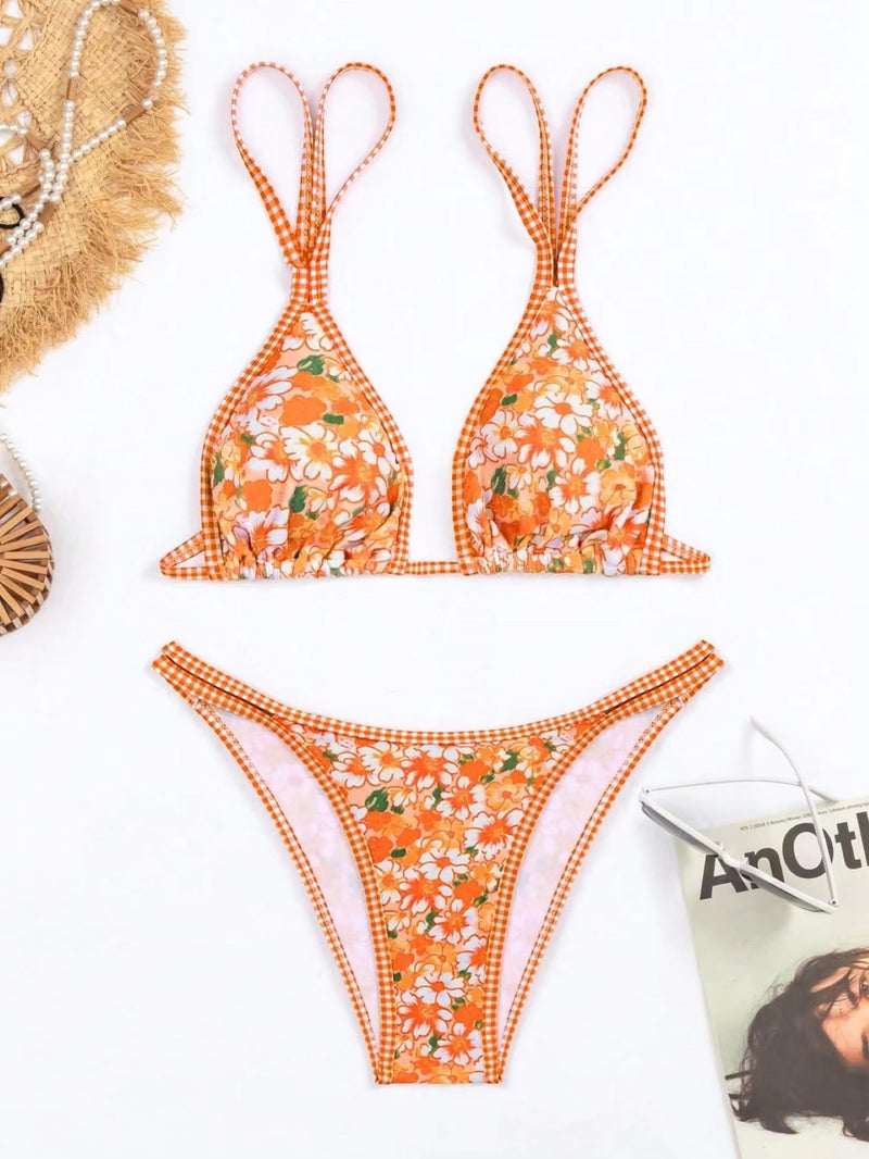 TASHEHE Women's Bikini Set High Leg Cut Double Straps Cute Triangle Swimsuit High Waist Two Piece Bathing Suit - Floral Orange / 402 - Small - Image 5
