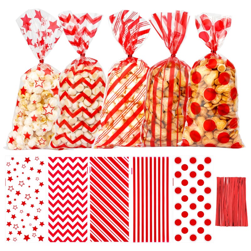 iSKeotol Valentines Cellophane Treat Bags, 100 Pcs Red Plastic Goodie Candy Gift Bag with Ties, Clear Snack Stripes Dots Star Pattern Bag for Valentine's Day Birthday Wedding Party Favors Supplies 10.8 x 5 In - Image 1