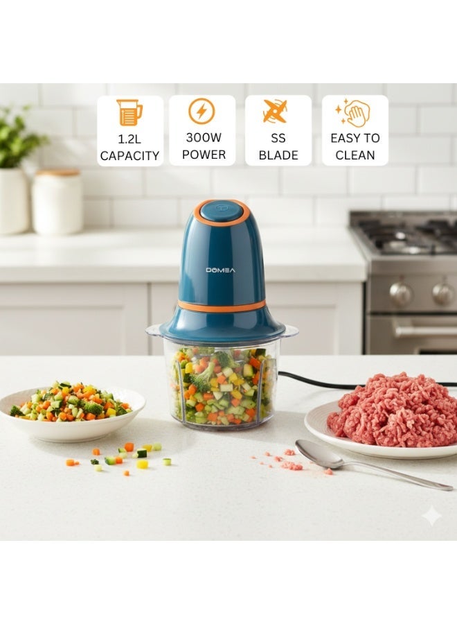 DOMEA Electric Mincer, Vegetable & Fruit Chopper, 1.2L,  Mini Food Grinder, Detachable Stainless Steel Blades, For Easy & Quick Grinding, Dip Making, 300 W - Image 2