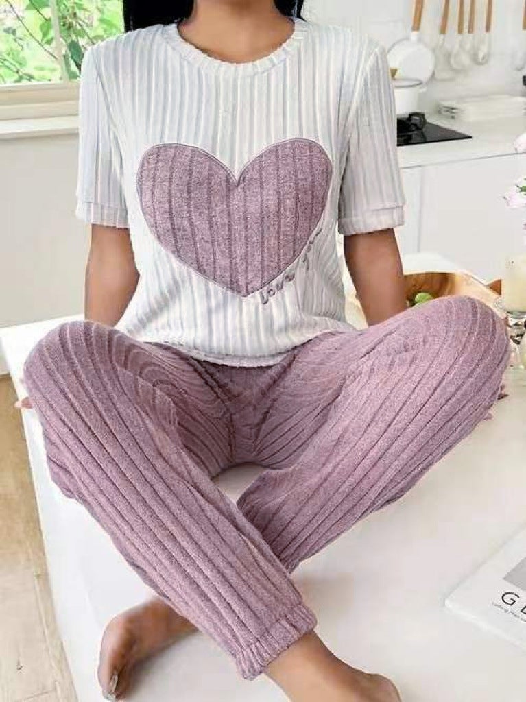 Women's Pajamas Set - Elegant Round Neck Short Sleeve Trousers, Comfortable Home Wear